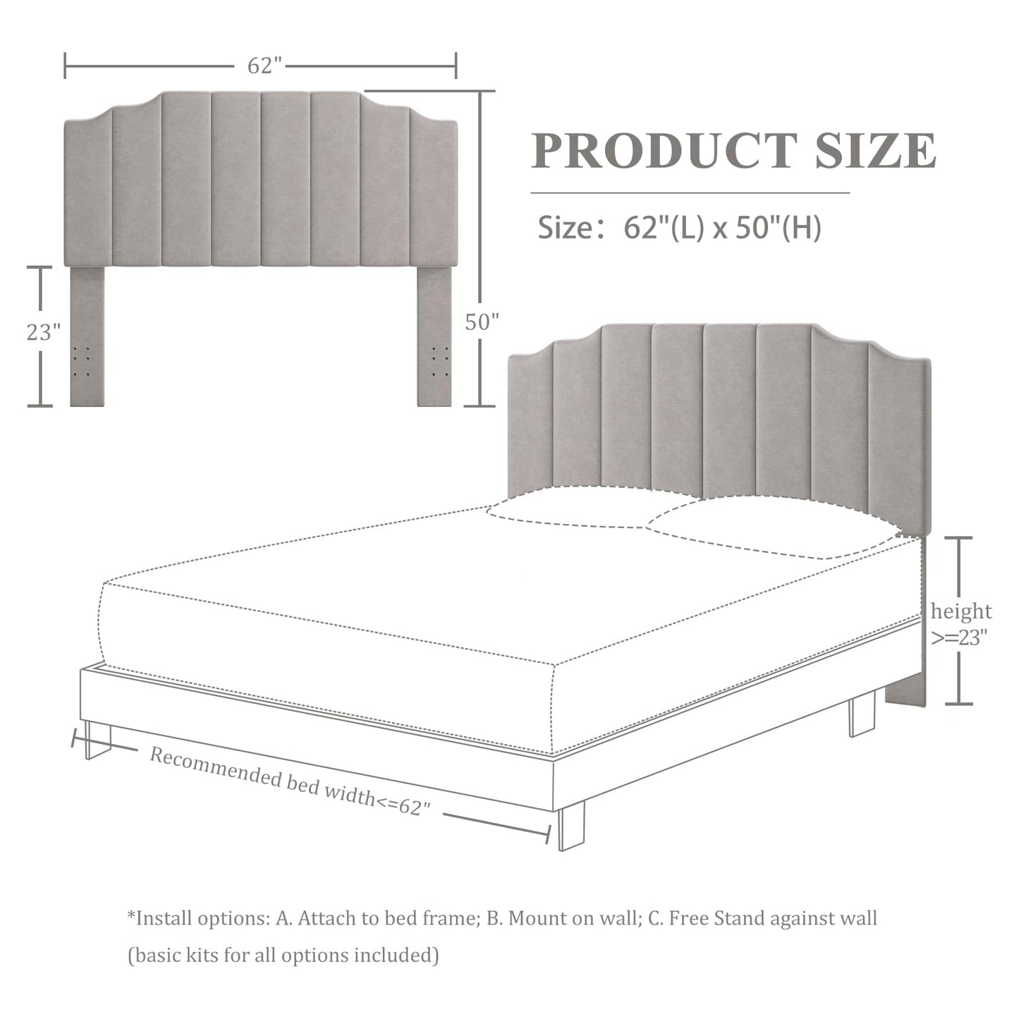 Velvet Wall Mounted Queen Headboard – Black