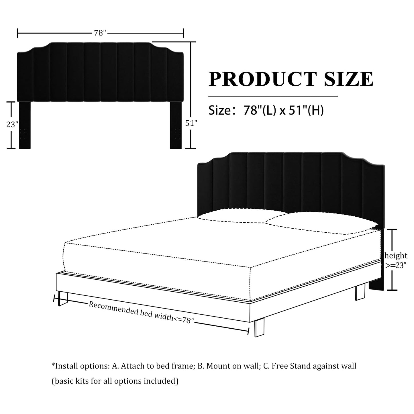 Velvet Wall Mounted Queen Headboard – Black