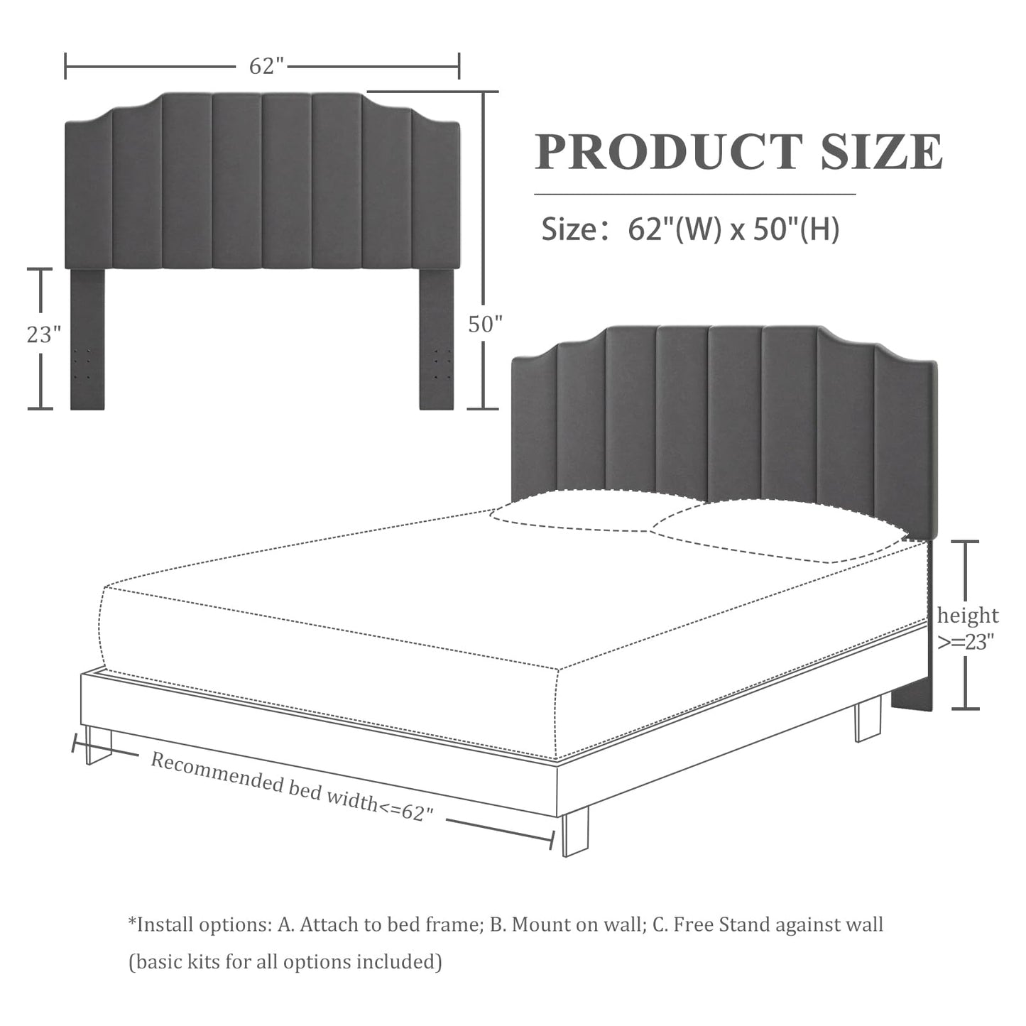 Velvet Wall Mounted Queen Headboard – Black