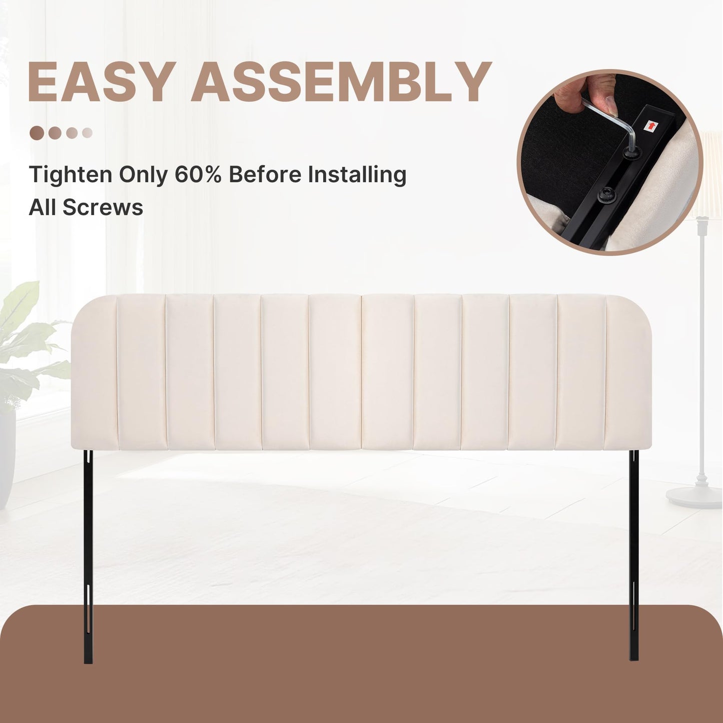 Upholstered Queen Headboard with Metal Legs – Beige
