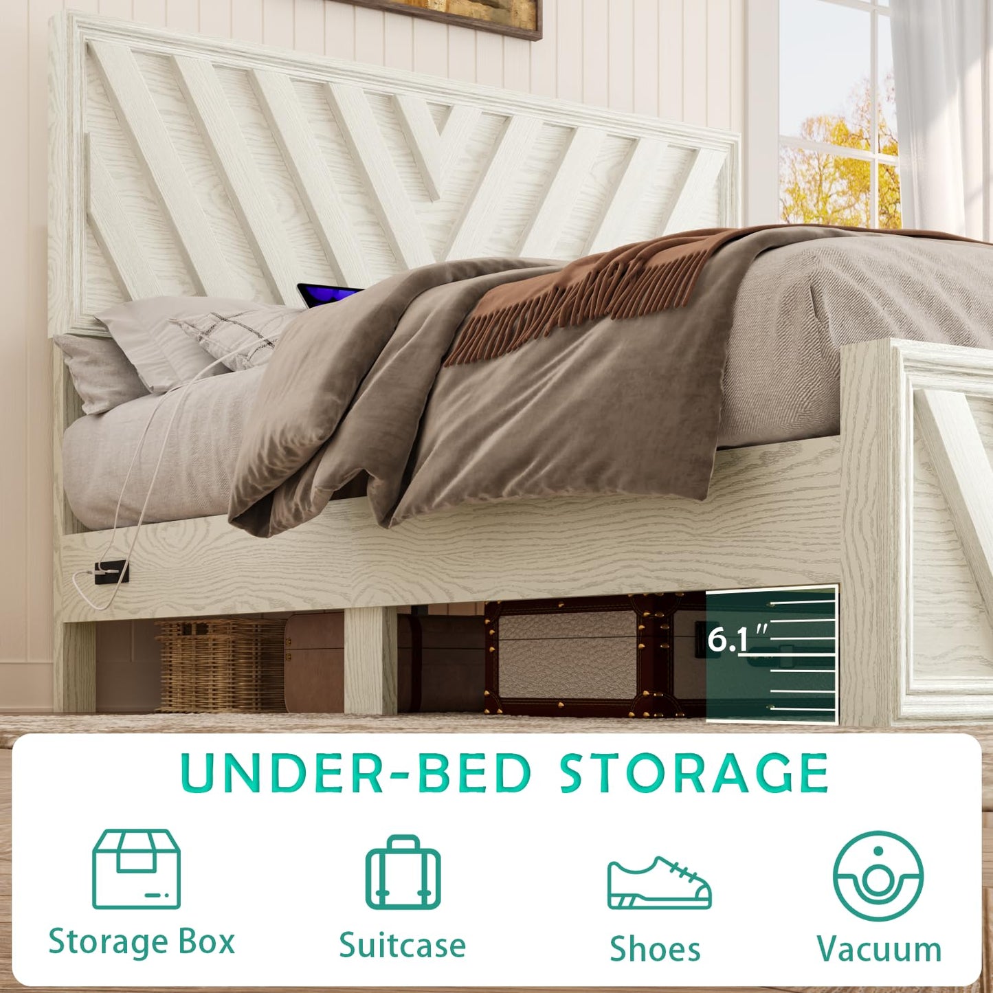 Full Farmhouse Platform Bed (LED & USB)