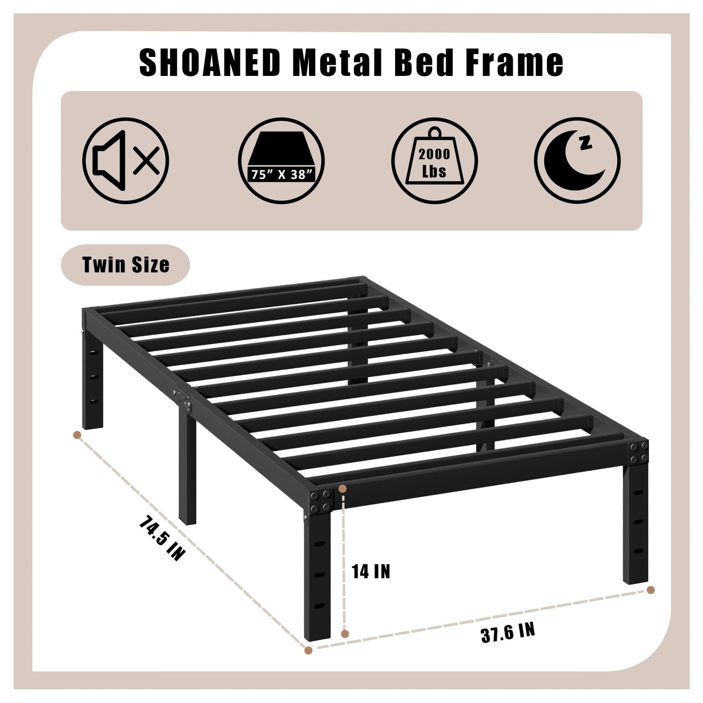 14" Twin Metal Platform Bed Frame with Headboard