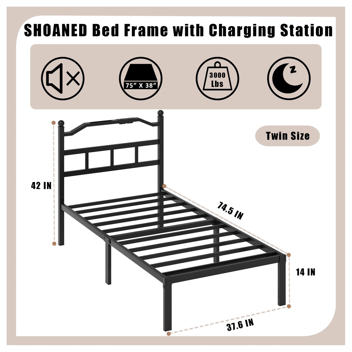 14" Twin Metal Platform Bed Frame with Headboard