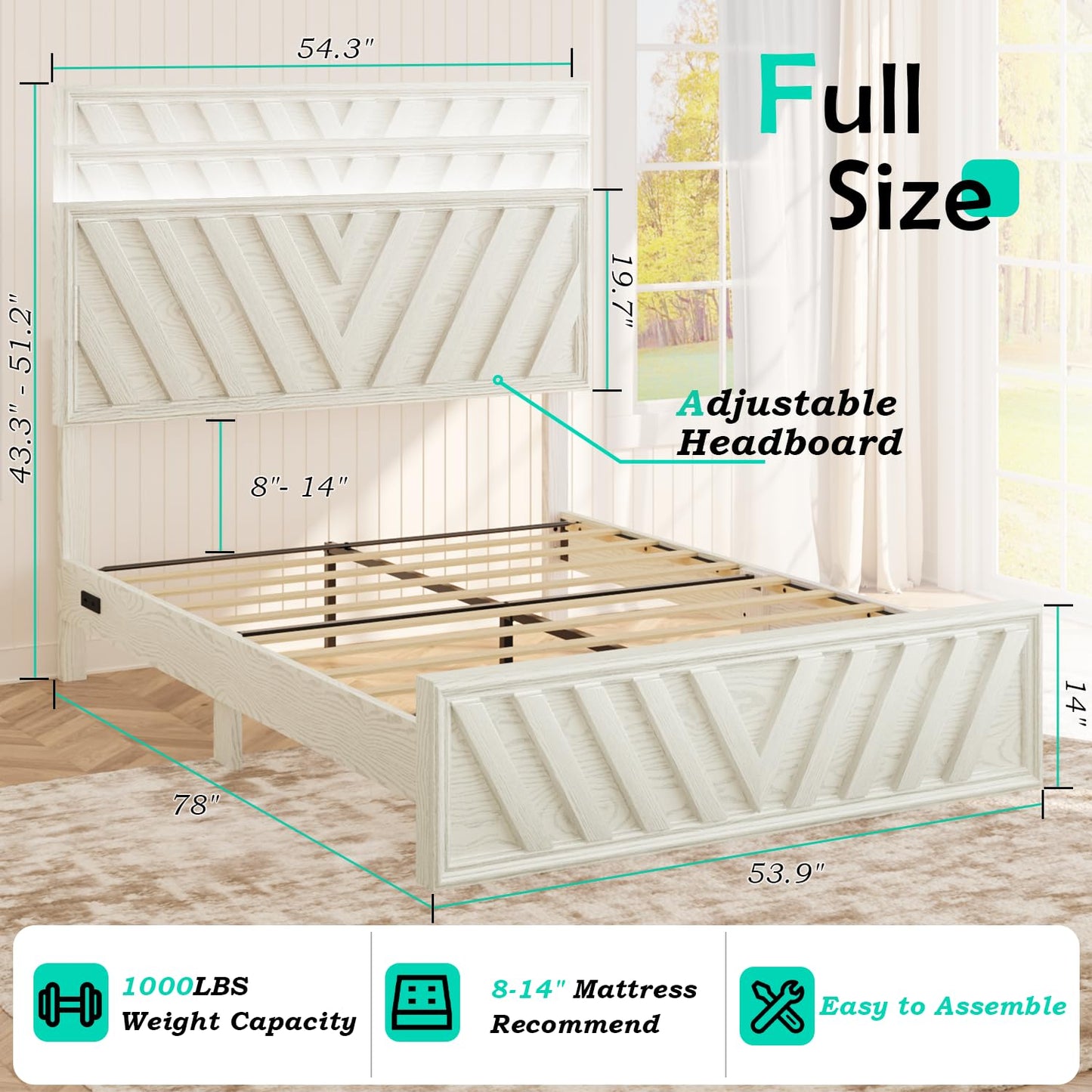 Full Farmhouse Platform Bed (LED & USB)