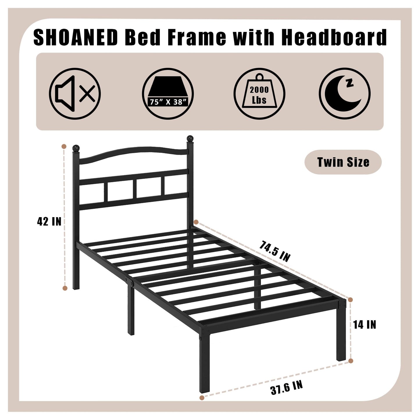 14" Twin Metal Platform Bed Frame with Headboard