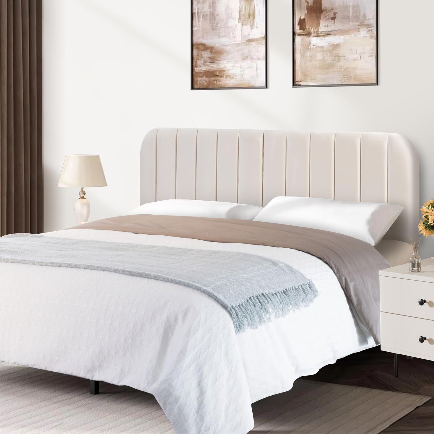 Upholstered Queen Headboard with Metal Legs – Beige