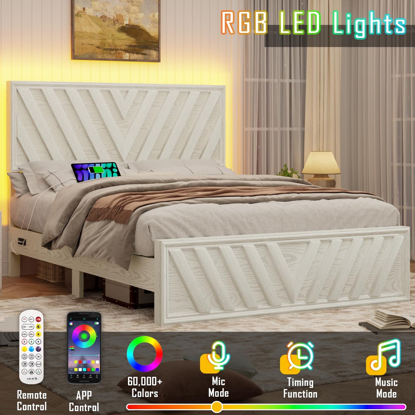 Full Farmhouse Platform Bed (LED & USB)