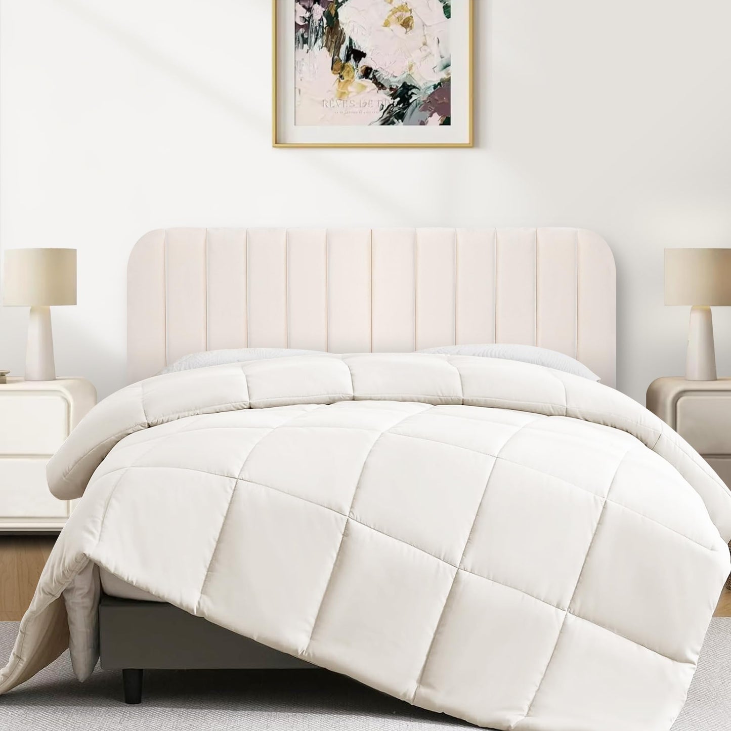 Upholstered Queen Headboard with Metal Legs – Beige