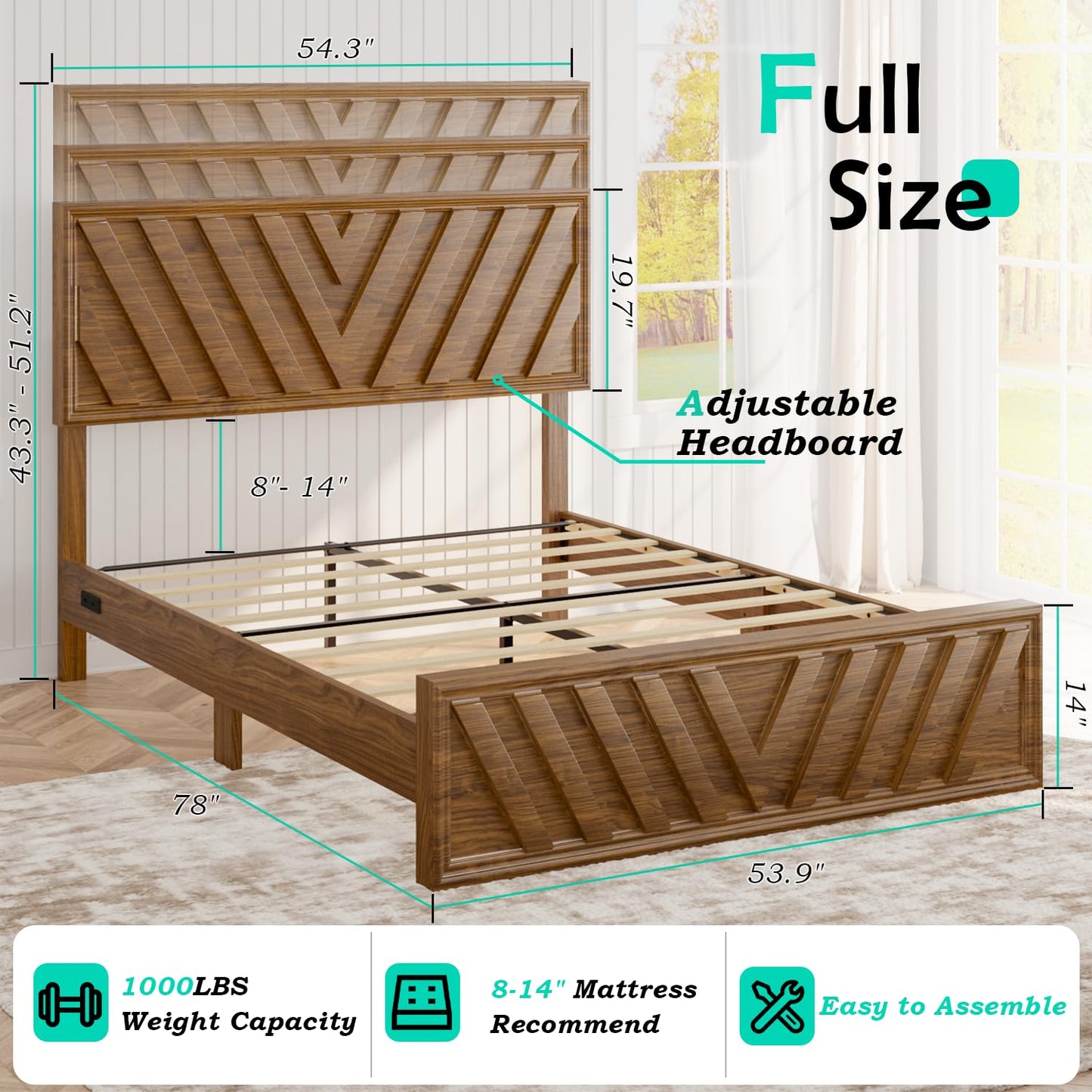 Full Farmhouse Platform Bed (LED & USB)
