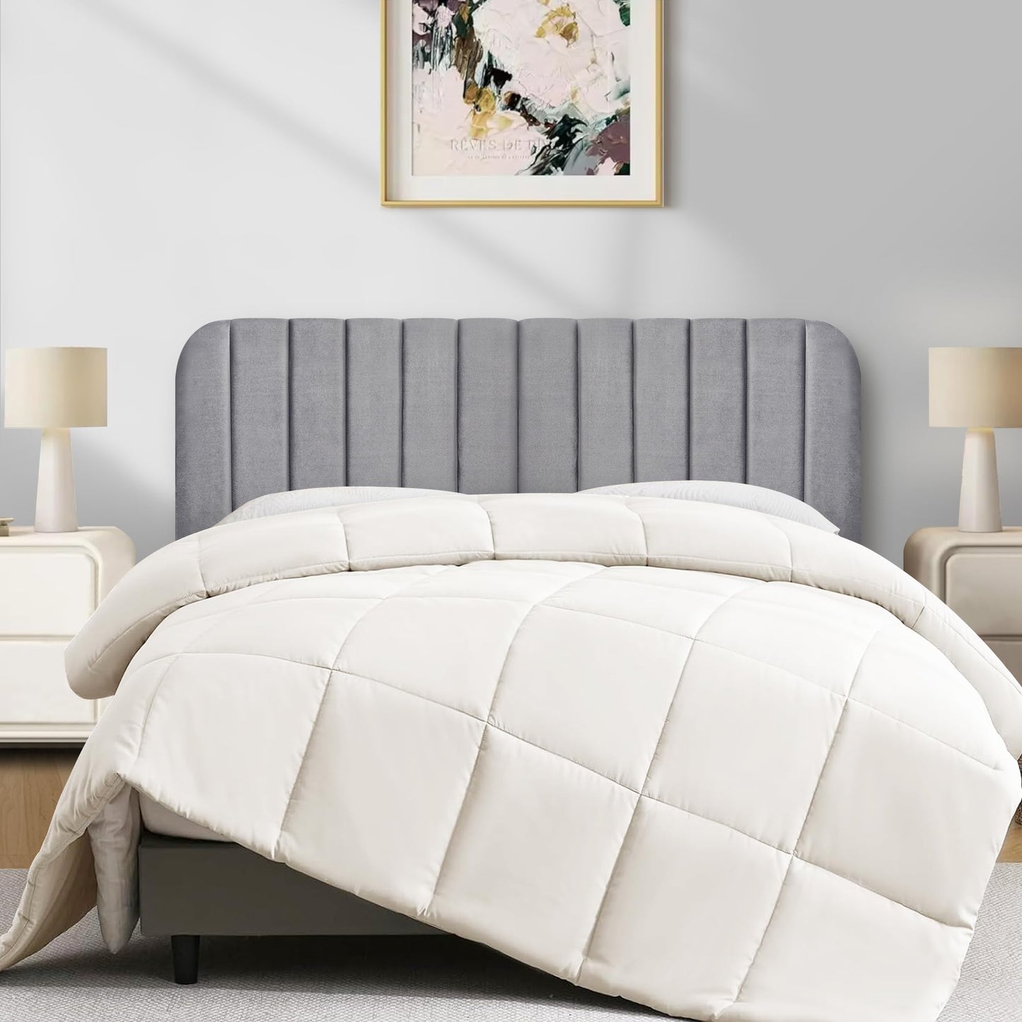Upholstered Queen Headboard with Metal Legs – Beige