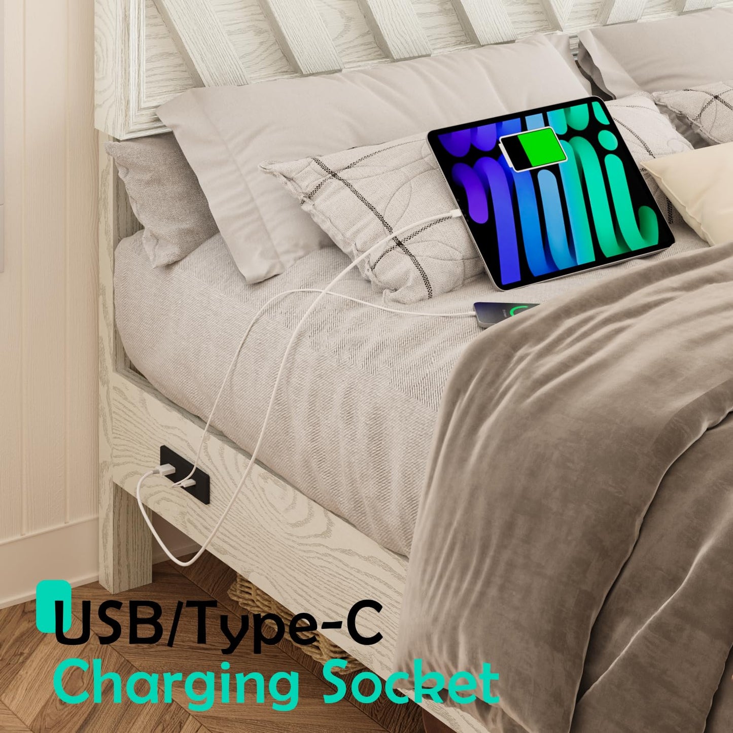 Full Farmhouse Platform Bed (LED & USB)