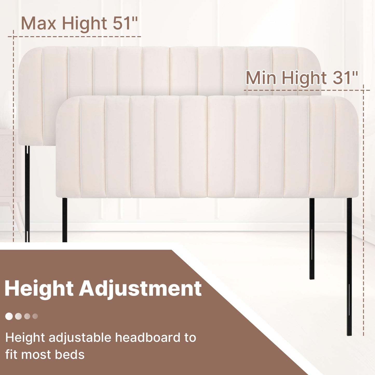 Upholstered Queen Headboard with Metal Legs – Beige