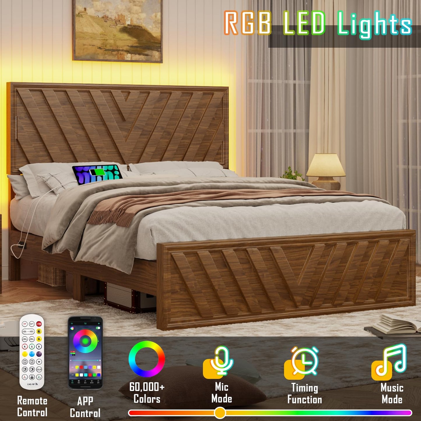 Full Farmhouse Platform Bed (LED & USB)