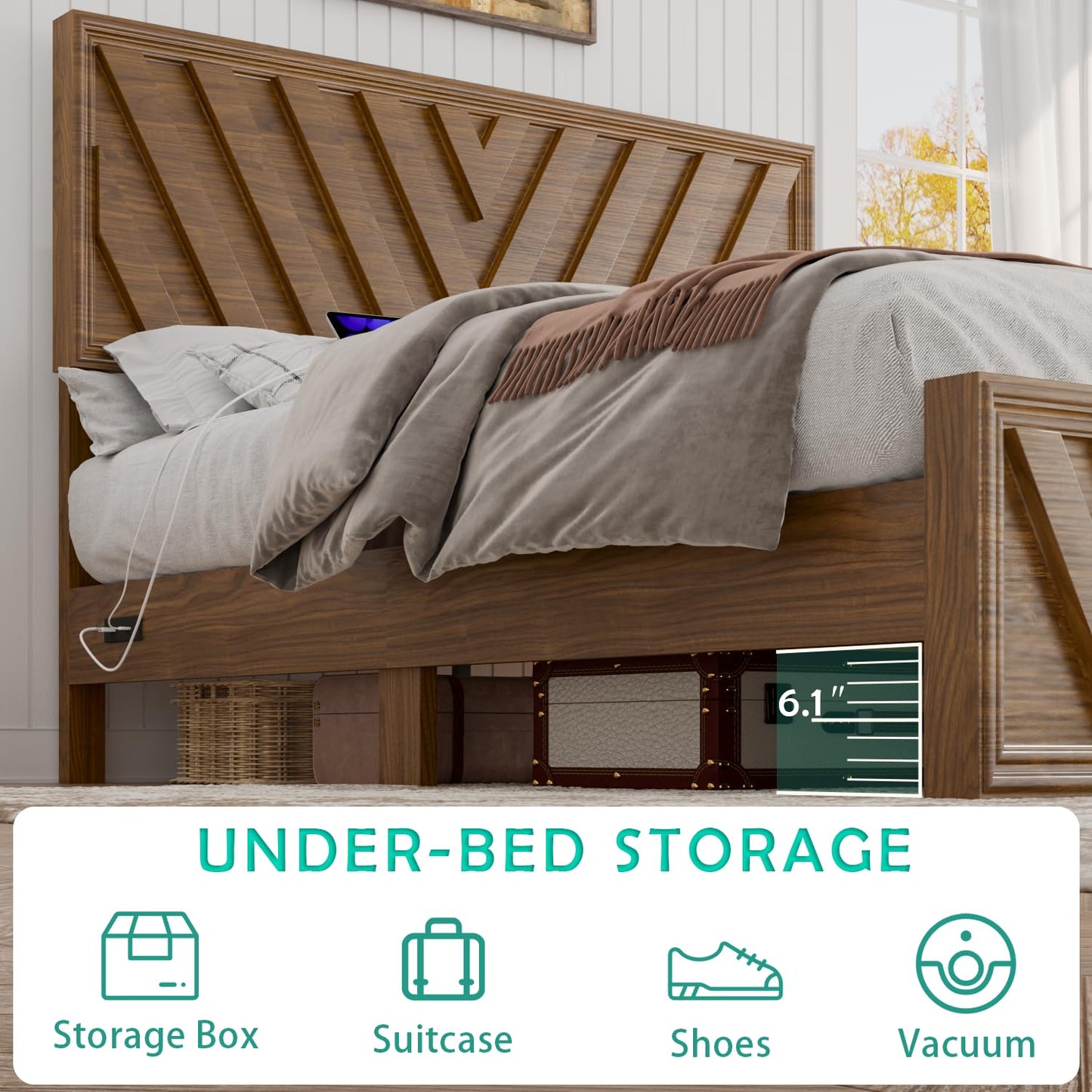 Full Farmhouse Platform Bed (LED & USB)
