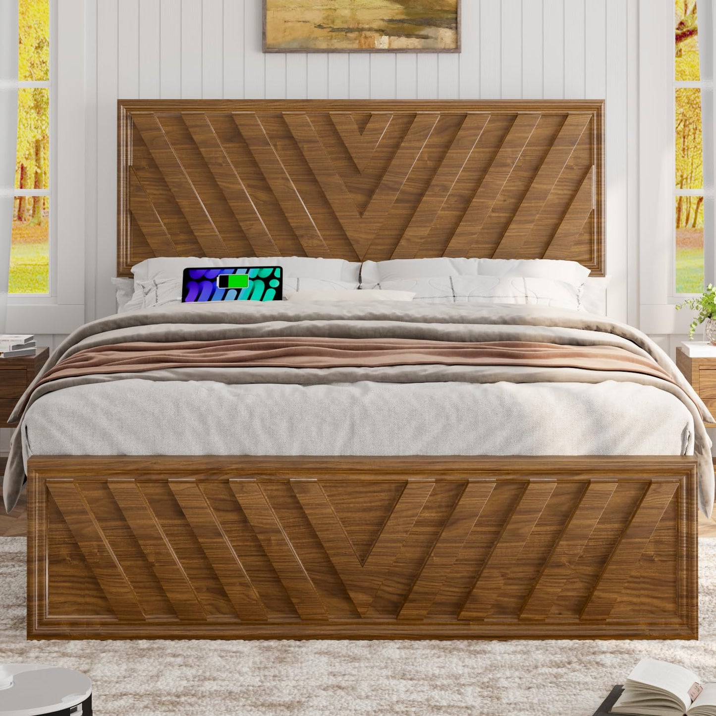 Full Farmhouse Platform Bed (LED & USB)