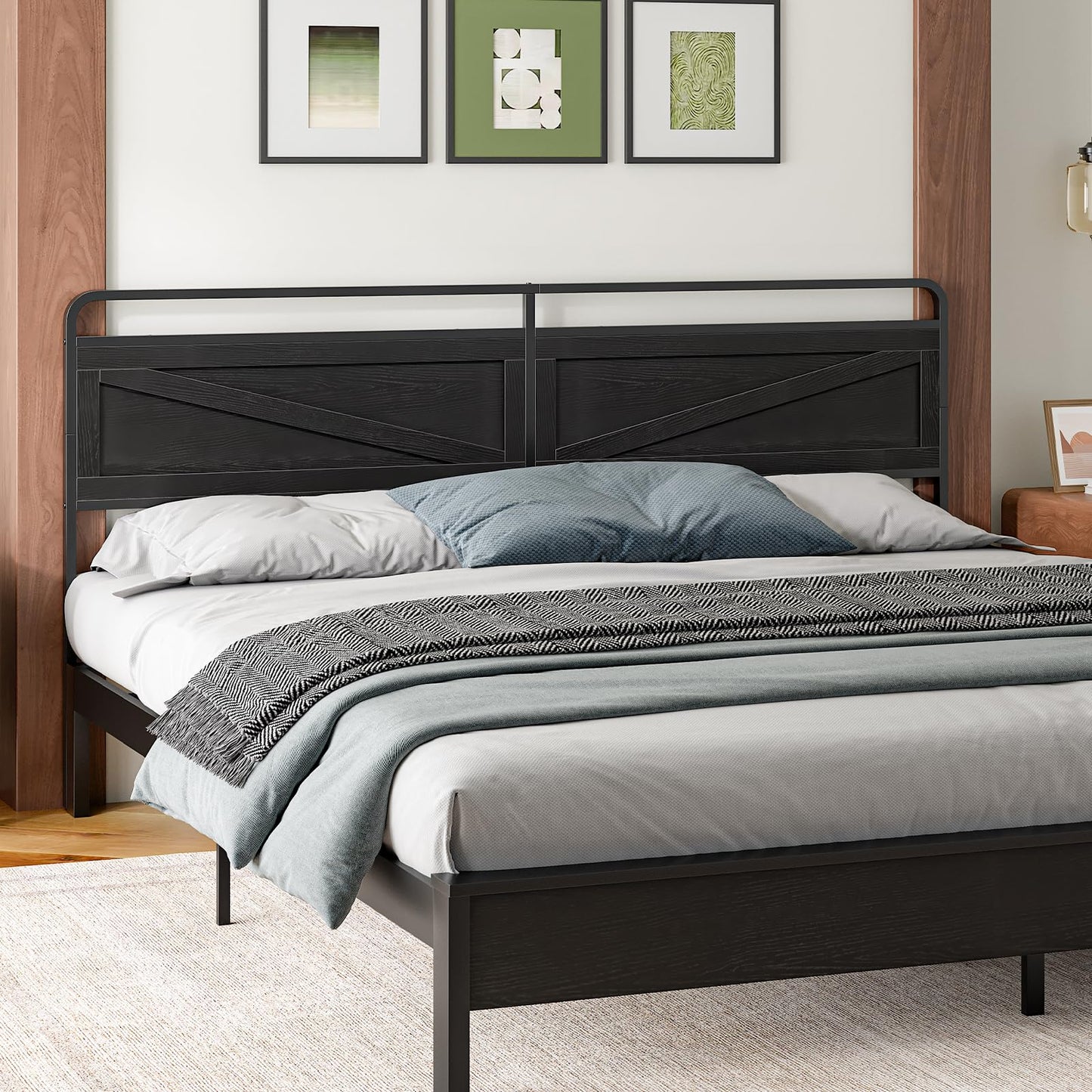 HOOBRO Wooden Queen Headboard with Metal Frame – Black