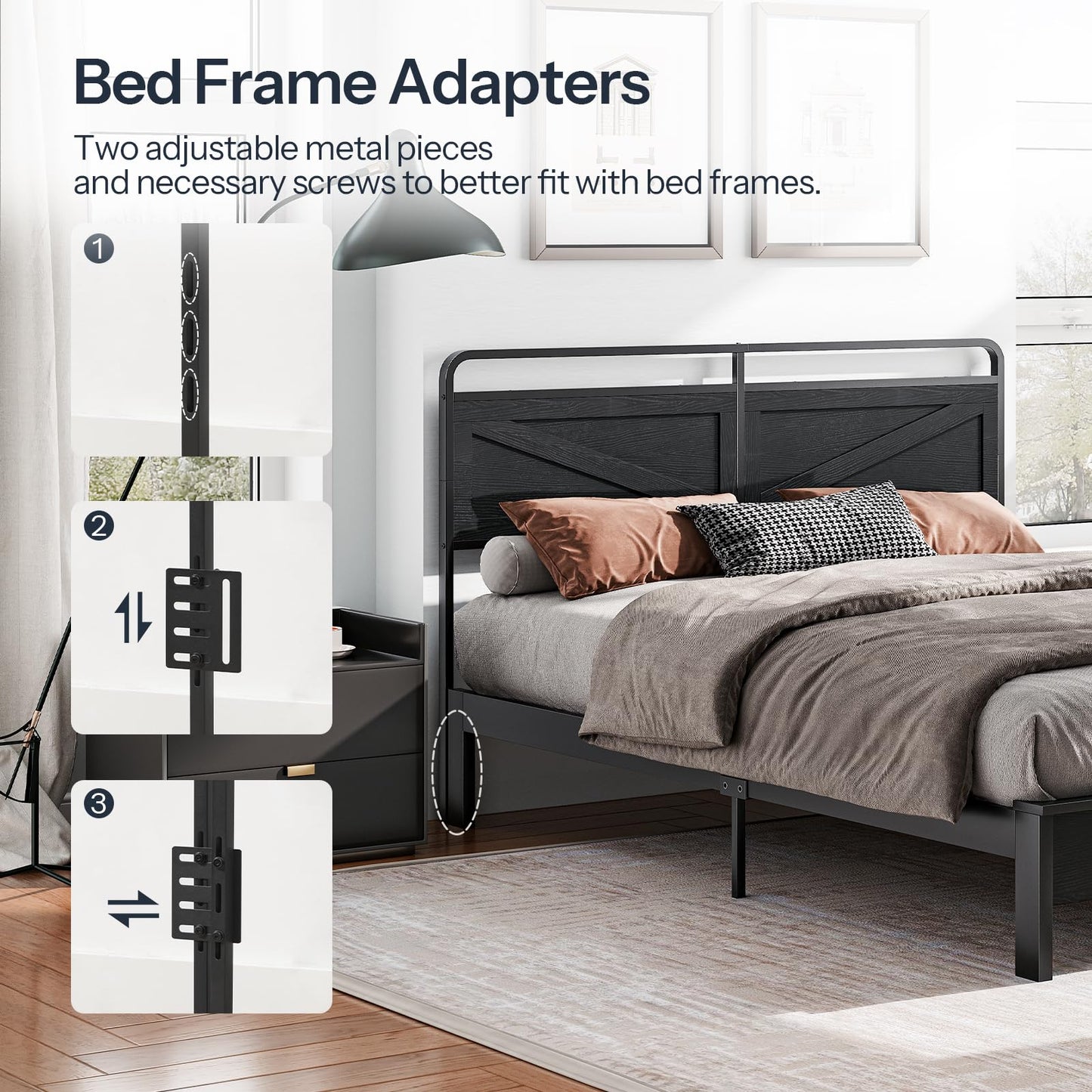 HOOBRO Wooden Queen Headboard with Metal Frame – Black