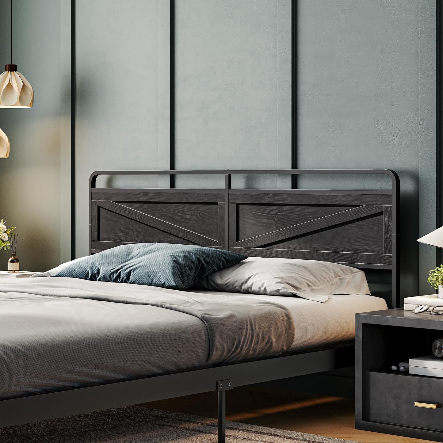 HOOBRO Wooden Queen Headboard with Metal Frame – Black