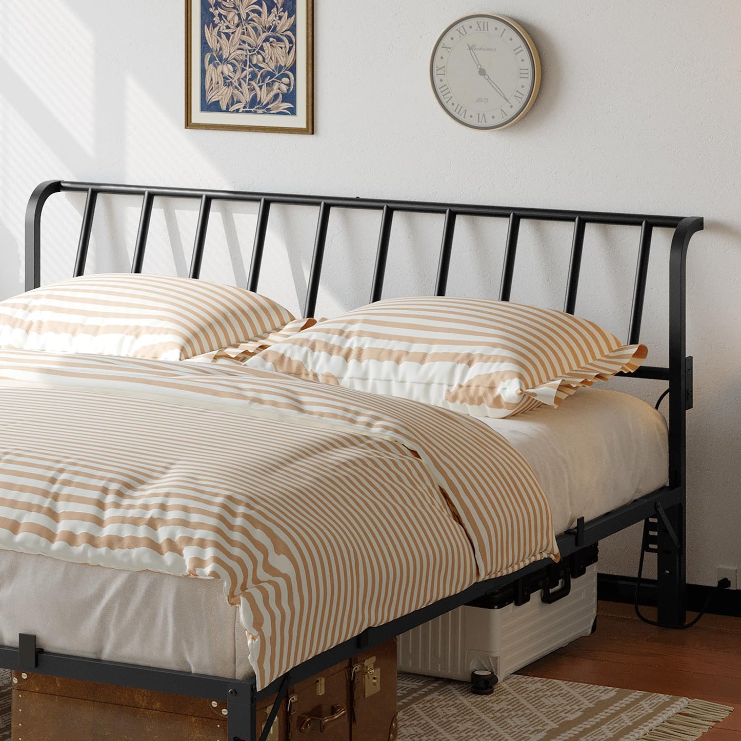 Metal Queen Headboard with Power Strips – Black