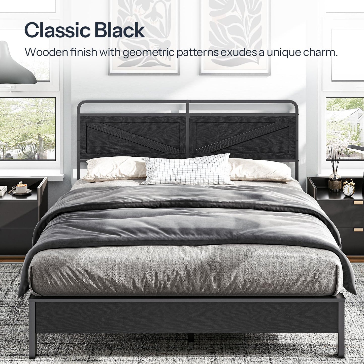 HOOBRO Wooden Queen Headboard with Metal Frame – Black