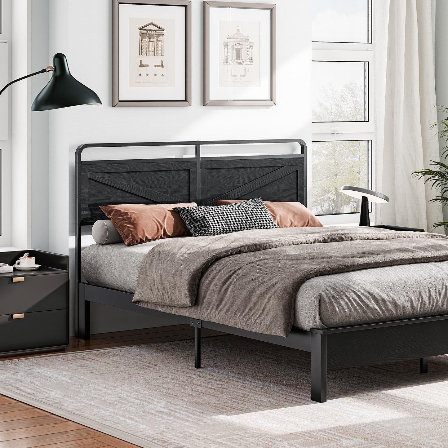 HOOBRO Wooden Queen Headboard with Metal Frame – Black