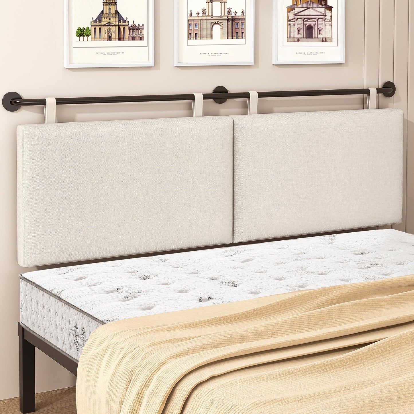 Linen Wall Mounted Queen Headboard – Beige
