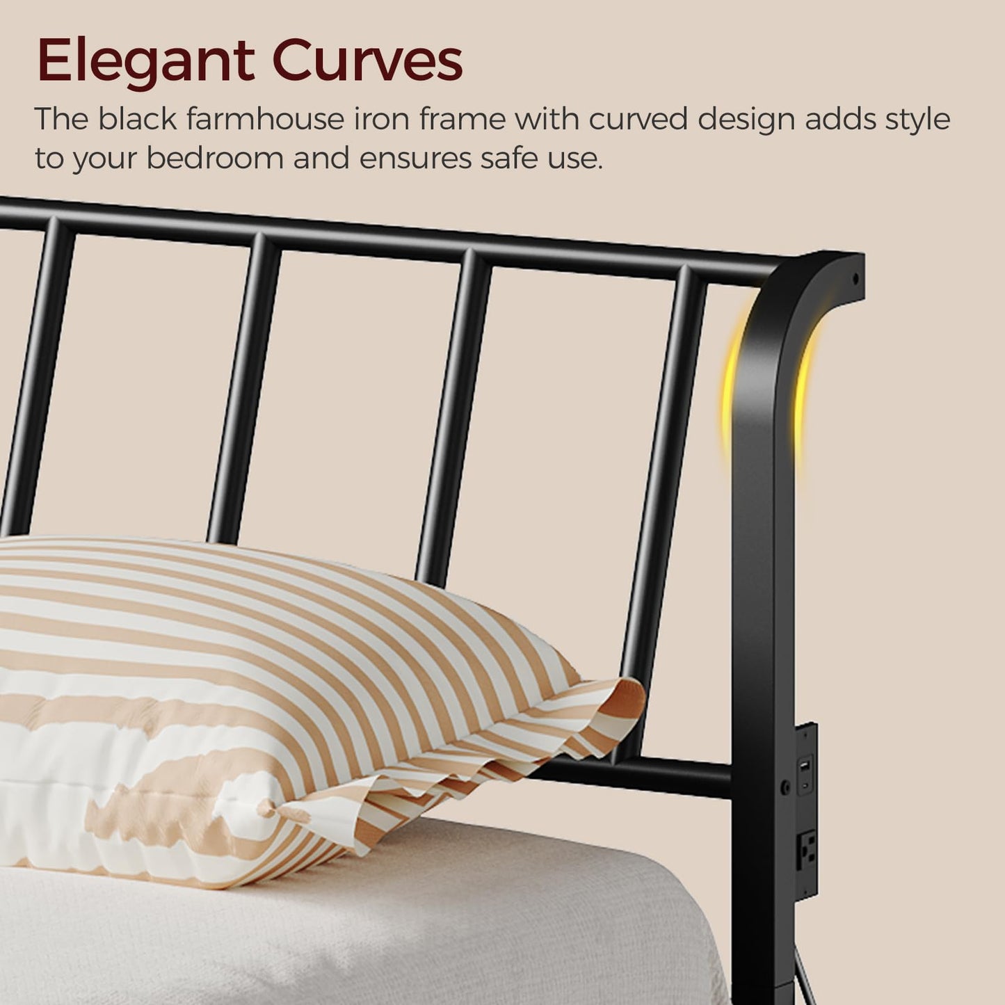 Metal Queen Headboard with Power Strips – Black