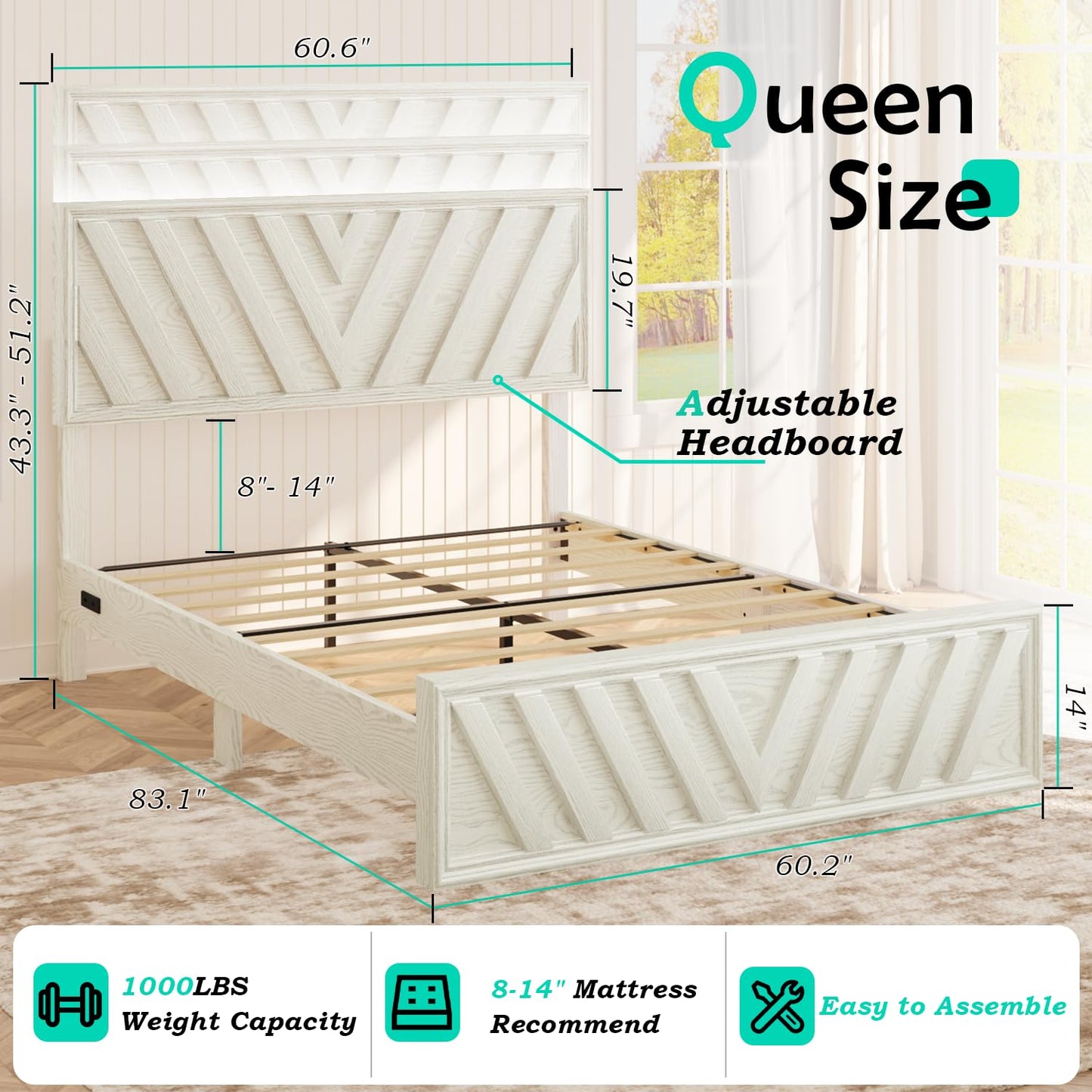 Full Farmhouse Platform Bed (LED & USB)