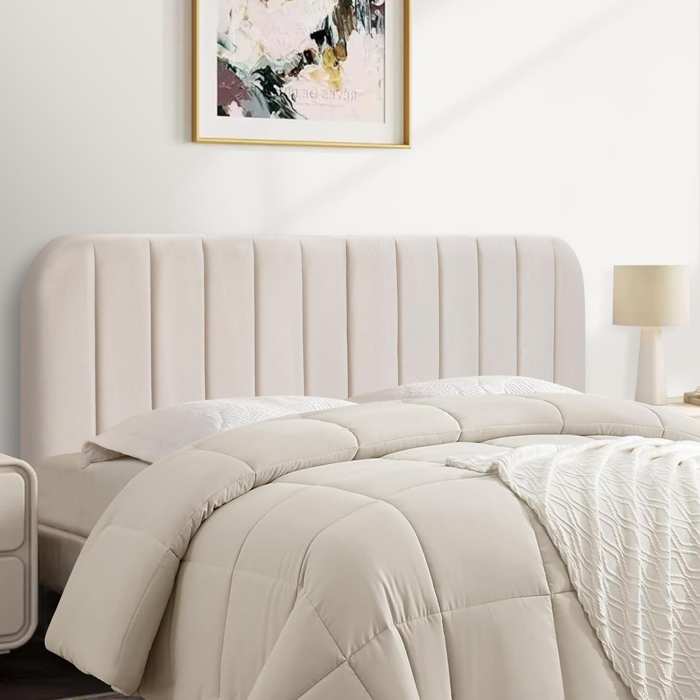 Upholstered Queen Headboard with Metal Legs – Beige