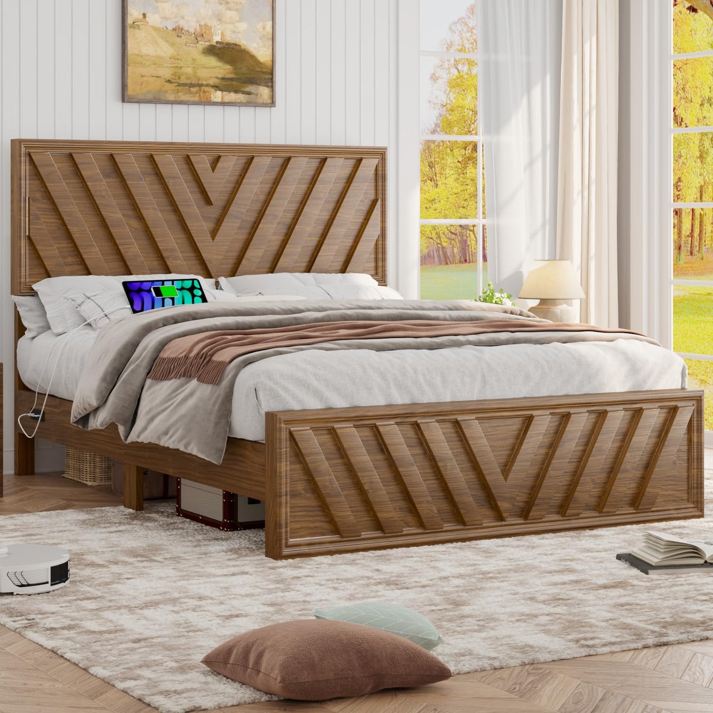 Full Farmhouse Platform Bed (LED & USB)