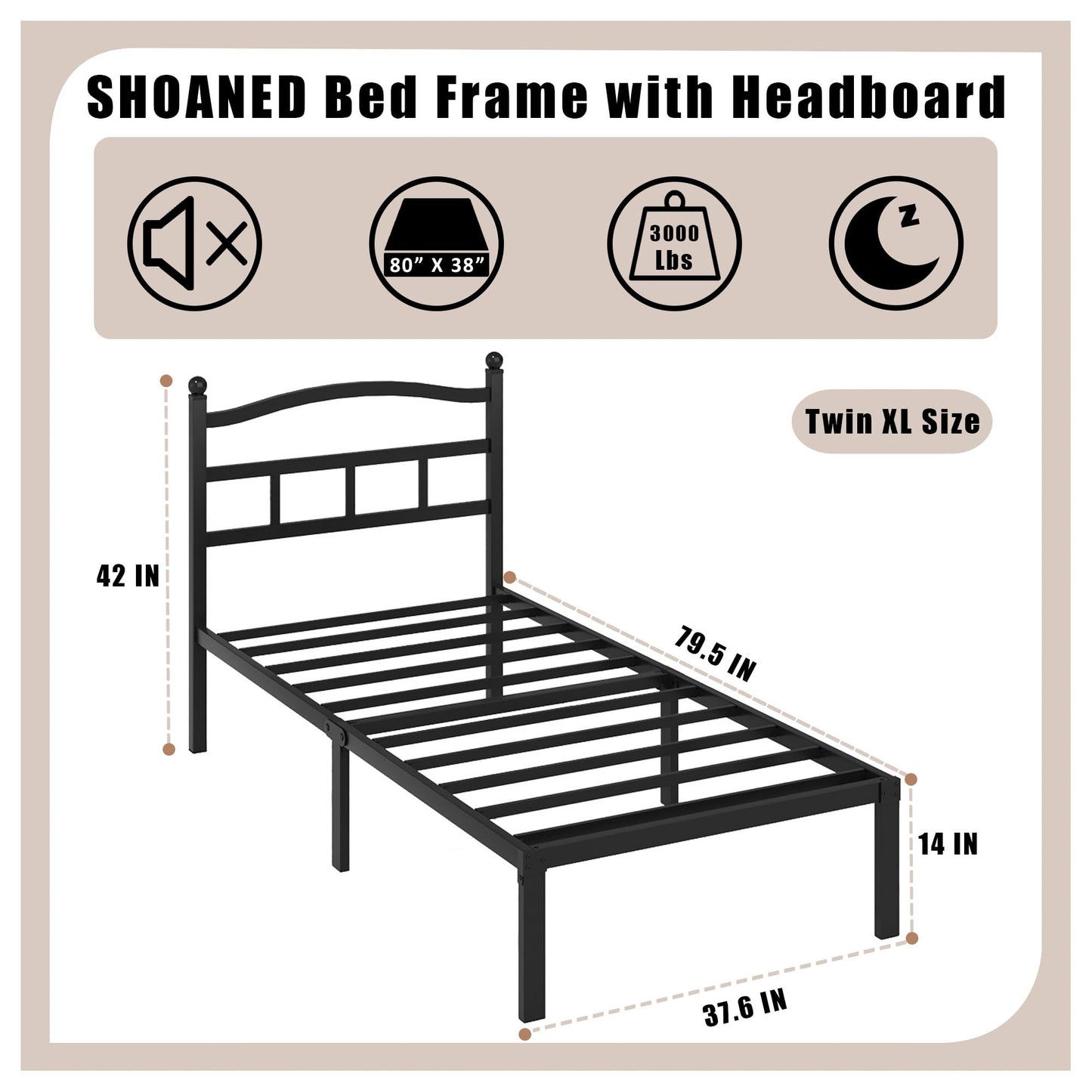 14" Twin Metal Platform Bed Frame with Headboard