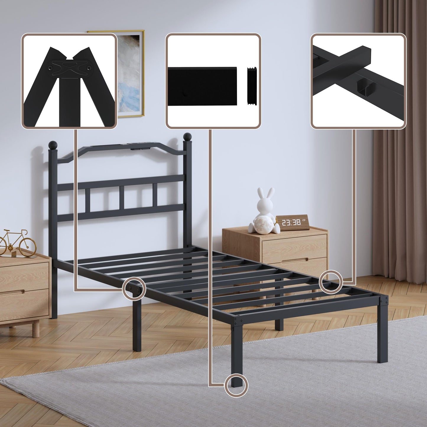 14" Twin Metal Platform Bed Frame with Headboard