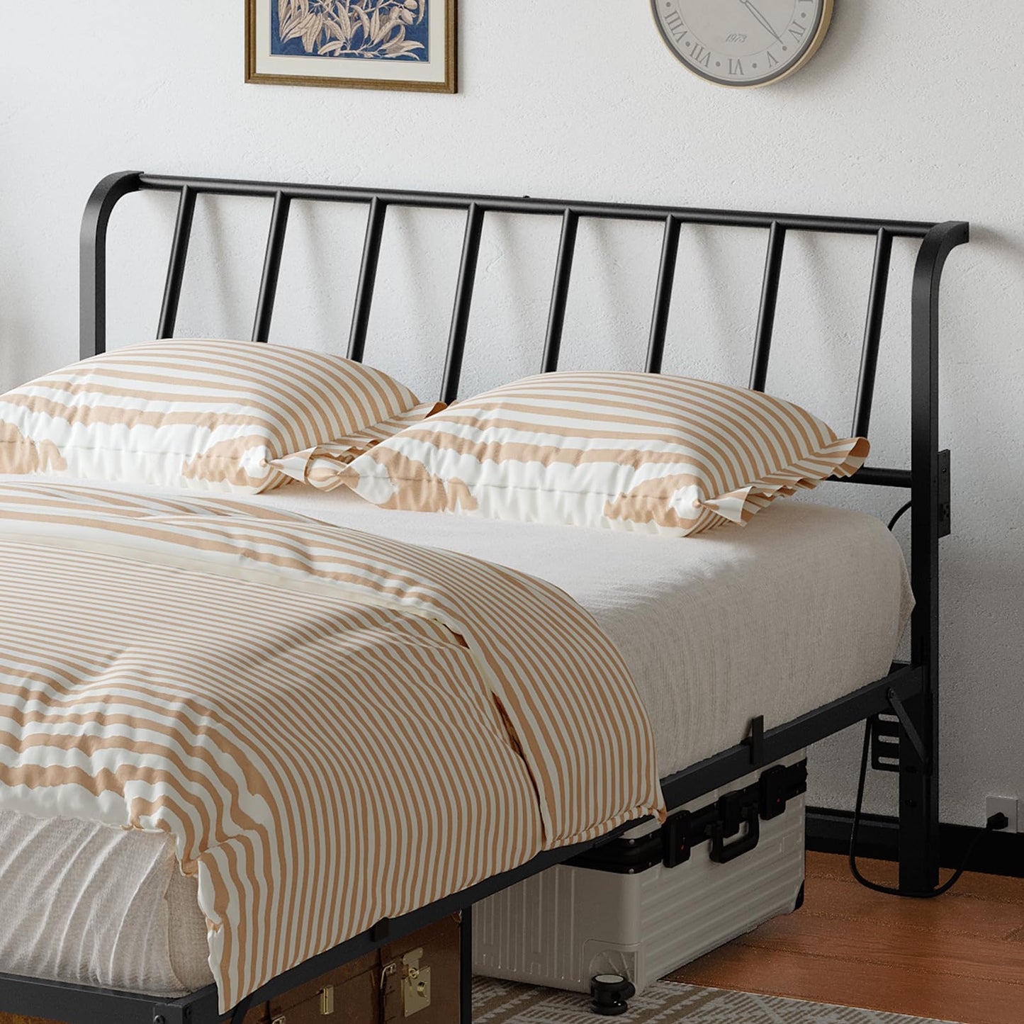 Metal Queen Headboard with Power Strips – Black
